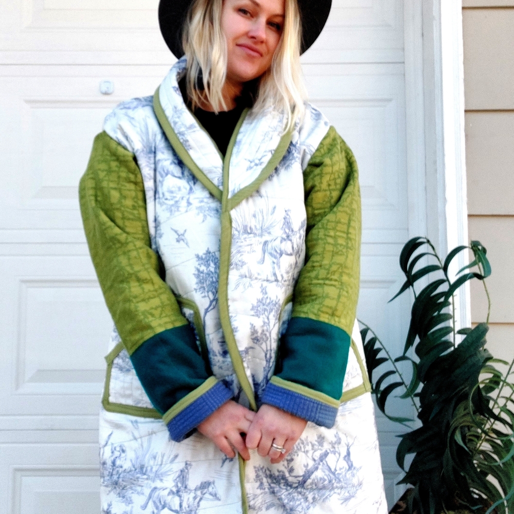 Handmade Chic Multicolor Trench Coat Blue Delft Country Colorblock - Picture 5 of 6